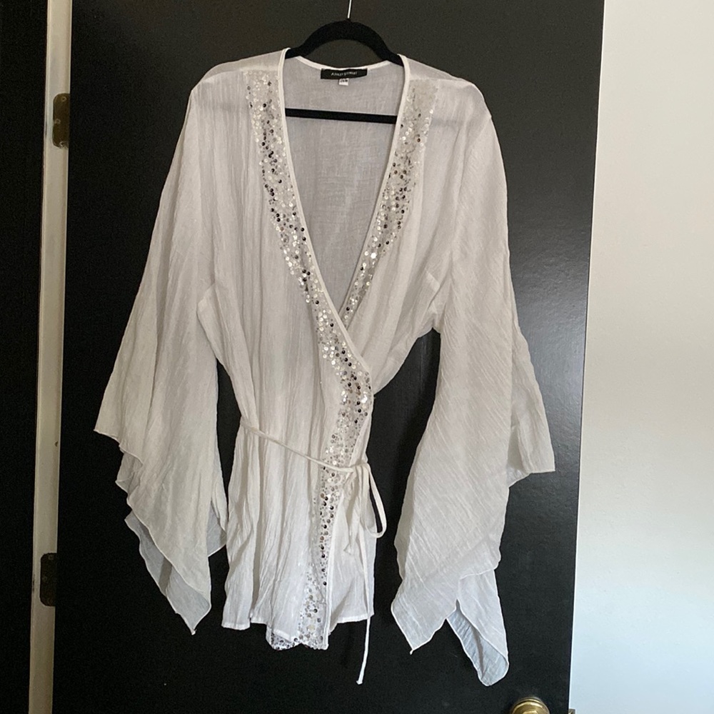 Brand New! White Cotton Gauze top with Silver Sequins and Fairy Sleeves